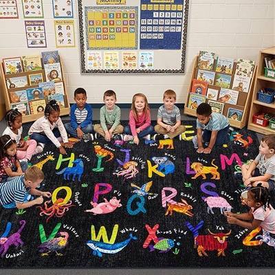 3x5 ABC Classroom Rug for Kids Playroom, Alphabet Rug with 26 Animals | Black Kids Rug,Non-Slip Washable Kids Carpet, Educational Preschool Play Mat for Daycare, Nursery, Toddler Bedroom
