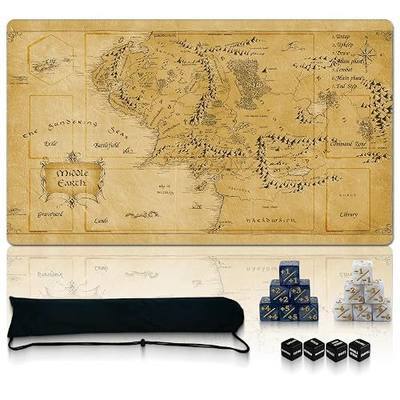 Ultimate TCG Battle Set: Stitched Playmat (24"x14") + 16 Dice + Carry Bag – 3-in-1 Non-Slip Rubber Commander Mat Compatible with MTG – Portable 2mm Fantasy Map Game Pad (MAP1, LOTR Series)