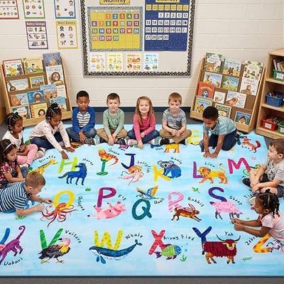 3x5 ABC Classroom Rug for Kids Playroom, Alphabet Rug with 26 Animals | Blue Kids Rug,Non-Slip Washable Kids Carpet, Educational Preschool Play Mat for Daycare, Nursery, Toddler Bedroom