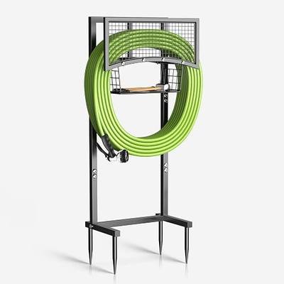 Garden Hose Holder Freestanding with Storage Basket, Holds Up to 165FT Hose, Heavy Duty Metal Water Hose Holder with 4 Anchor Spikes, for Yard, Lawn & Patio