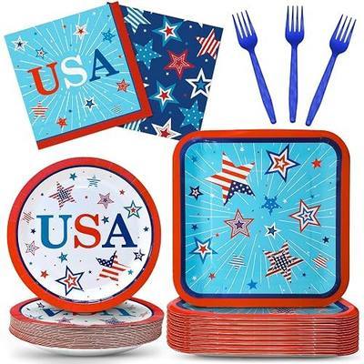 Patriotic Paper Plates Dinnerware Set Disposable Dessert Plates for Independence Day, 4th of July Dinner Plates with Napkins Forks Serve 50