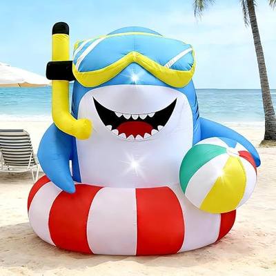 4FT Inflatable Shark with Beach Ball for Summer Outdoor Decor, Blow Up Shark Built-in 3 LED Lights for Beach Pool Ocean Party Decorations, Birthday Party Supplies, Yard Garden Indoor Photo Backdrop
