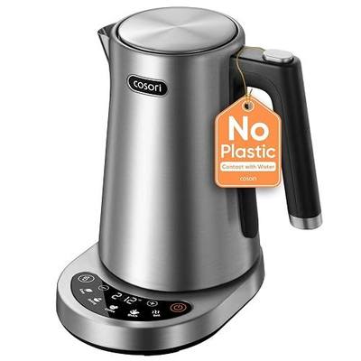 Cosori Stainless Steel Electric Kettle with Temperature Control, 1.7L | No Plastic Contact with Water, 5 Presets, ±5°F Temp Control, 60-Min Keep Warm, Dual Lid Opening, Tea, Coffee & Hot Water