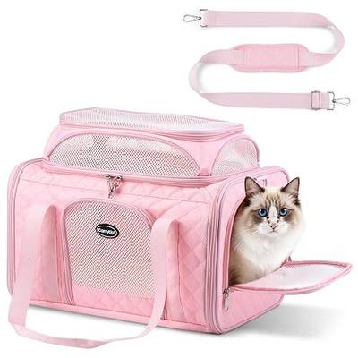 Top Expandable Cat Carrier for Airline Travel, 17x11x9.5 in, Pink | Stable reinforced frame, locking zippers, and breathable mesh for airport waits, vet visits, road trips, and daily travel