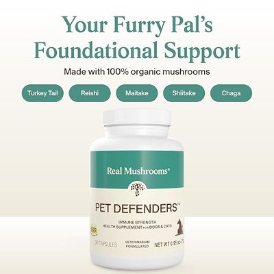 Real Mushrooms Pet Defenders for Dogs and Cats, 90ct | Daily Digestion and Immune Support, Reishi, Turkey Tail, Shiitake, Maitake and Chaga, Pet Supplement, For Dogs and Cats