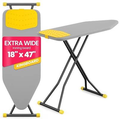 KINGBOARD Extra Wide Ironing Board, 18x47 Full Size Ironing Board with Silicon Iron Mat, Large Stand with 7 Adjustable Heights, Heavy Duty Iron Board with Heat Resistant Cover, Grey