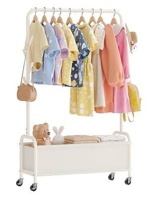 Kids Clothing Rack with Storage Box, Kids Dress Up Storage for Coats, Small Garment Rack for Hanging Clothes, Dress Up Holder with Wheels