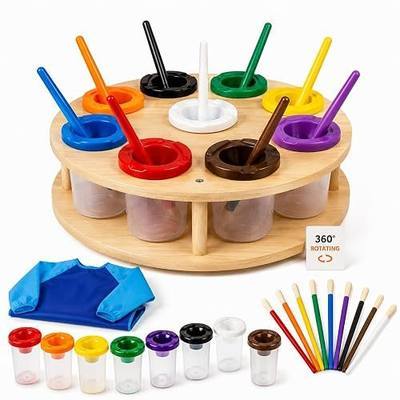 9 Pcs No Spill Paint Cups with Lids for Kids, Spill Proof Paint Cups with Rotating Holder, Paint Brush, Kids Art Smock Included, Painting Supplies for Classroom, Preschool