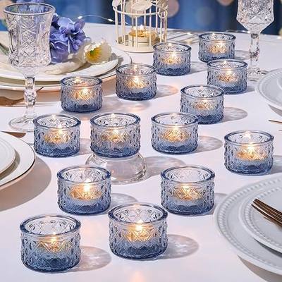 24 Pack Blue Tealight Candle Holders, Glass Votive Candle Holders Bulk | Diamond Votive Candle Holders Bulk for Wedding Centerpieces, Beach Theme Bridal Shower, Baby Boy Shower, Birthday Party