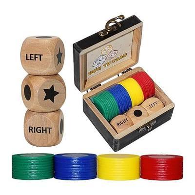 Left Right Roll Dice Game Set, 3 Wood Dice & 36 Plastic Chips | Travel Wooden Box, Fun Family Party Dice Games, For Adults, Teens & Friends, Black