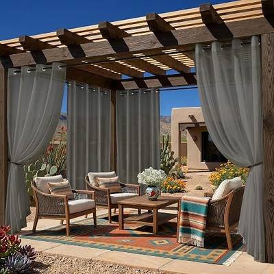 4 Panels Outdoor Sheer Curtains for Patio Waterproof with Grommet | Light Filtering Draps for Porch, Pergola, Cabana, Outside & Indoor Bedroom Living Room, 4PCS x 54"W x 84"L, Grey
