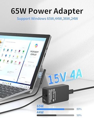 65W Surface Pro Charger for Microsoft Surface Pro/Laptop/Book/Go Series | Supports 44W/36W magnetic interface, built-in auxiliary USB port, stable charging for Surface models