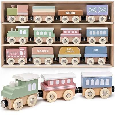 Wooden Train Set for Toddlers, 12PCS Montessori Magnetic Train Cars with Storage Gift Box, Compatible with Major Brands, Wooden Baby Stacking Blocks Toy, Birthday Gift for Boys Girls Ages 1-3 3-5+