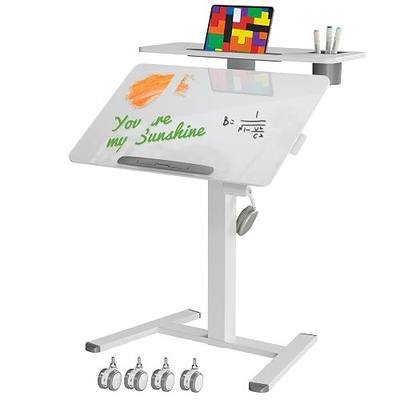 28" Glass Standing Desk, Tiltable Top with 2-Tier Shelves, White | Pneumatic Rolling Desk, Adjustable Height Mobile Computer Workstation, Portable Studio Drafting Table & Laptop Cart on Wheels