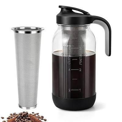 64 oz Cold Brew Coffee Maker with Stainless Steel Filter, Wide Mouth | 2 Quart Glass Mason Jar Pitcher with Pour Spout Lid, Iced Coffee Maker for Fridge, Leak-Resistant, Non-Slip Silicone Base