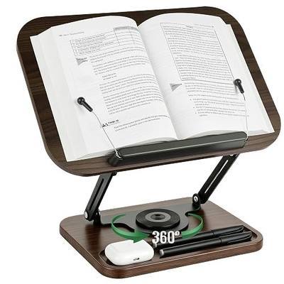 Book Stand for Reading, 360° Rotating Book Holder for Desk, Heavy Duty Bible Stand with Page Clips, Adjustable Height for Thick Textbooks, Cookbooks, Music Book