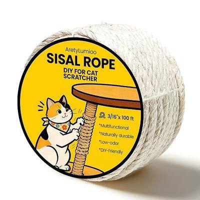 Natural Sisal Rope for Cat Scratching Post Replacement – 3/16 Inch x 100 ft, Twine for Repair, Restore & DIY Cat Trees, Towers, Furniture, White