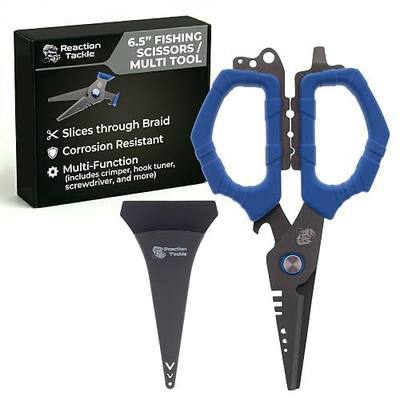 Reaction Tackle Fishing Line Scissors, 6.5 Inch Heavy Duty Braid Shears with Serrated Stainless Steel Blades, Multi-Tool with Sheath, Cuts Braid, Mono, Fluoro and Wire