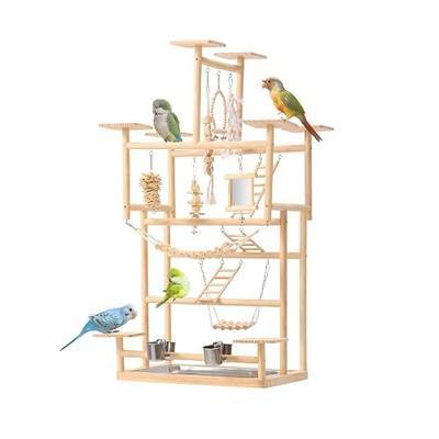 VELVETPAW Bird Playground – 7-Level Natural Wood Parrot Playstand with Feeders & Toys, Modular Two-Tier Bird Play Gym, Detachable Top Tabletop Stand & Detachable Top Tabletop Stand