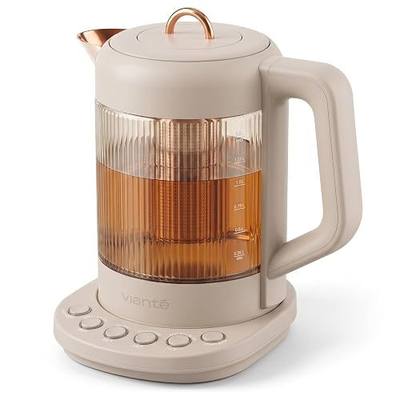 Viante Nina Electric Tea Kettle with Infuser, No Plastic In Contact With Water, 1.5L Borosilicate Glass, 304 Stainless Steel, 4 Temp Presets, Keep Warm, Cordless, Auto Shut-Off, Beige