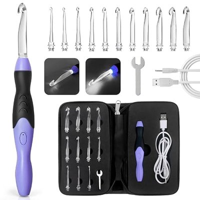 Light Up Crochet Hook Sets, 11 Sizes Interchangeable Lighted Crochet Hook Set, LED Rechargeable Crochet Hooks for Dark Yarn, Ergonomic Grip Crochet Kit for Beginners Crochet Needles Kit with Case