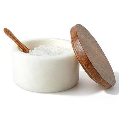 Marble Salt Cellar with Wood Lid and Spoon, White Salt Keeper Bowl, Natural Stone Salt Container for Kitchen Counter, Pepper, Sugar, Spices and Dry Seasonings