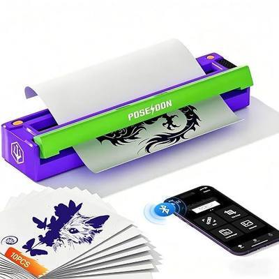 Poseidon Tattoo Stencil Printer Machine with 10pcs Transfer Paper Wireless Bluetooth Thermal Tattoo Machine for Tattoo Artists & Enthusiasts& Beginner, Support Smartphone,PC, Android, iOS