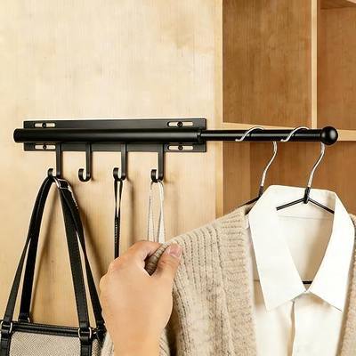 12in,Valet Rod,Valet Rod For Closet Pull Out,(Black) Closet Rod,Hanging Rod,Scalable Slide Out,Valet Hook,Contains 4 Hooks,Used For Wardrobes, Bathrooms, Laundry Rooms, Bedrooms, Wardrobes