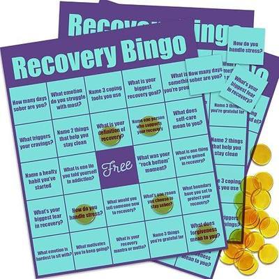 Recovery Bingo Game, Recovery Game for Adults in Addiction Groups – 24 Cards and 200 Chips, Motivational Recovery Activity for Counseling Sessions, Rehab Centers, and Support Meetings