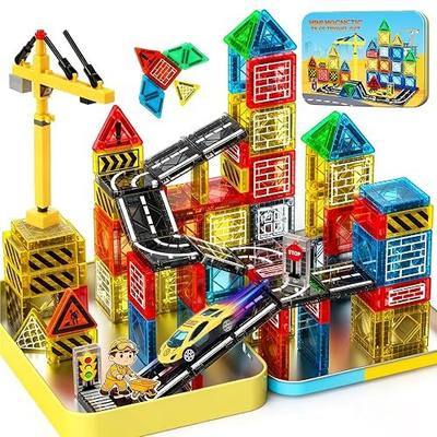 Magnetic Tiles - Construction Toys, Road Set Outdoor Travel Toys with Magnetic Crane & Car for Boys Age 3-5 4-8 8-10, Mini Magnet Building Blocks with Crane, Road, Traffic Lights, STEM Sensory Gifts