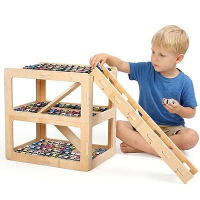 Wooden Toy Car Display Case Compatible with Hot Wheels & Matchbox, 1/64 Scale Parking Garage Storage with Foldable Racing Ramp, Easy Pin-Style Assembly Shelf for Kids Room Decor (Large)
