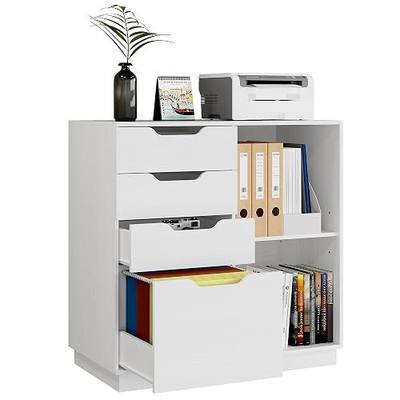 TQVAI 4 Drawer Filing Cabinet Organizer with 2 Open Shelves, Heavy Duty for Storing Letter A4 Size and Printer, Wood Lateral File Cabinets for Home Office, Hanging Files, White, Easy Assembly