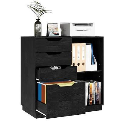 TQVAI 4 Drawer Filing Cabinet Organizer with 2 Open Shelves, Heavy Duty for Storing Letter A4 Size and Printer, Wood Lateral File Cabinets for Home Office, Hanging Files, Black, Easy Assembly