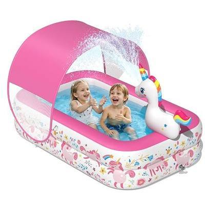 JOSEN Unicorn Kiddie Pool with Canopy and Sprinkler, Inflatable Baby Pool with Soft Cushioned Floor, Portable Toddler Pool Ball Pit for Backyard, Outdoor/Indoor Play Toys Girls Birthday Gift(Pink)