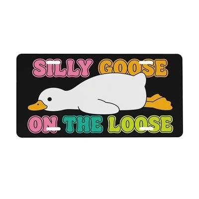 Retro Funny Lazy Goose Front License Plate Decorative License Plates | Silly Goose On The Loose Aluminum Car Plate Novelty Vanity Tag Cover 6"X12" Car Decor Accessory with 4 Holes for Men Women