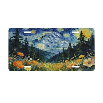 Starry Night Forest Front License Plate Decorative License Plates | Wildflower Van Gogh Funny Aluminum Metal Car Plate Novelty Vanity Tag 6"X12" Car Decor Accessory with 4 Holes for Men Women
