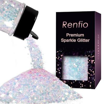 Renfio Iridescent Chunky Glitter Colorful White for Snowglobe Tumbler | 1.76oz/50g PET Flake Mixed Fine Powder for Snowglobe Tumbler,Craft,Epoxy Resin,Festival Decor,Nail,Slime