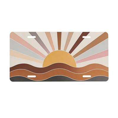 Boho Sunrise Front License Plate Aluminum Decorative License Plates | Waves Retro Wavy Lines Funny Metal Car Plate Novelty Vanity Tag Cover 6"X12" Car Decor Accessory with 4 Holes for Men Women