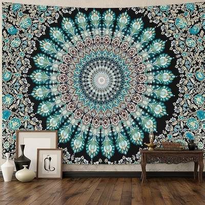 Accnicc Hippie Mandala Tapestry Wall Hanging Boho Teal Medallion Tapestry Aesthetic Vintage Bohemian Indian Floral Cool Small Tapestries for Bedroom Living Room Dorm Decor 48 x 36 Inch