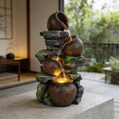 4-Tiered Outdoor Tabletop Water Fountain 17.9” | Indoor Waterfall Feature, LED Lights, Resin, Relaxation Decor, Home, Office, Yard and Garden