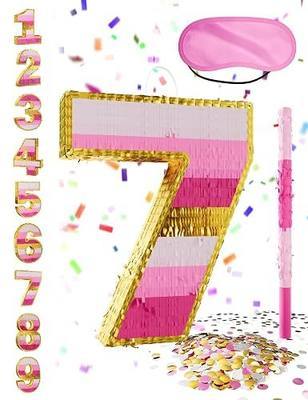 Number 7 Piñata with Stick, Blindfold & Confetti-Pink Piñata for Birthday Parties, Complete Party Game Set for Kids Girls-Gradient Pink Birthday Decor with Fillable Design(Small, 16.5 x 11.5 x 3 In)
