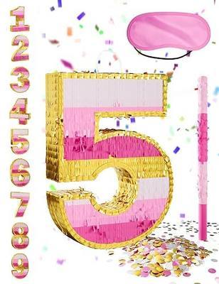 Number 5 Piñata with Stick, Blindfold & Confetti-Pink Piñata for Birthday Parties, Complete Party Game Set for Kids Girls-Gradient Pink Birthday Decor with Fillable Design(Small, 16.5 x 11.5 x 3 In)