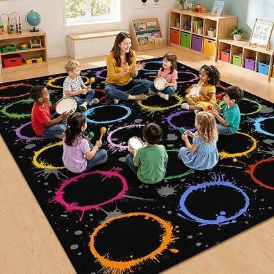 Classroom Rug 7.6x12, Large Classroom Carpet, Multicolor Circle on Black | 24 Seats Educational Area Rug, Non-slip Backing, Flame Resistant Preschool Rug, Teacher rug for Kindergarten Daycare