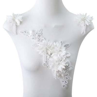 Pearl Fabric Beaded Tassel Lace Applique,3D Flowers Embroidered Patch for Wedding Bride Dress Clothes Hat Curtain (White)