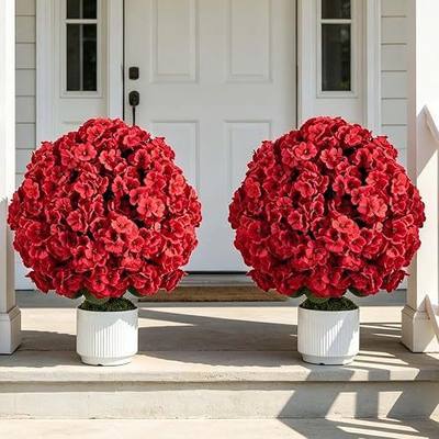 Artificial Potted Geraniums for Outdoors: Red Topiary Ball, 2 Pcs | 26in Faux Silk Flowers with Pot for Front Porch Entryway Yard Patio, Red Geraniums Flower for Outdoor Indoor Decor