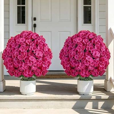 Faux Geraniums for Outdoor Planters: Hot Pink Topiary Ball, 2 Pcs | 26in Faux Silk Flowers with Pot for Front Porch Entryway Yard Patio, Red Geraniums Flower for Outdoor Indoor Decor