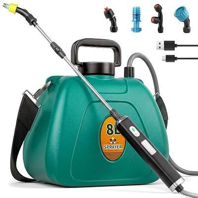Battery Powered Garden Sprayer 2 Gallon, 7.4V High Pressure Rechargeable Weed Sprayer with 3 Pressure Mode, 5 Spray Nozzles, Telescopic Wand, Battery Indicator, Adjustable Strap for Lawn Garden, Green