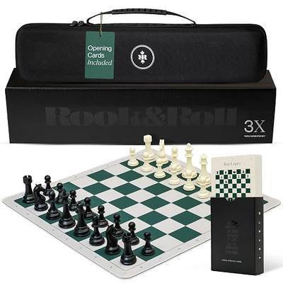 Rook & Roll Tournament Size Chess Set for Adults 15+ with 54 Opening Cards, 20”x20” Roll Up Mousepad Board, Triple Weighted Staunton Pieces, 3.75” King, 2.2 oz, 2 Extra Queens, EVA Case