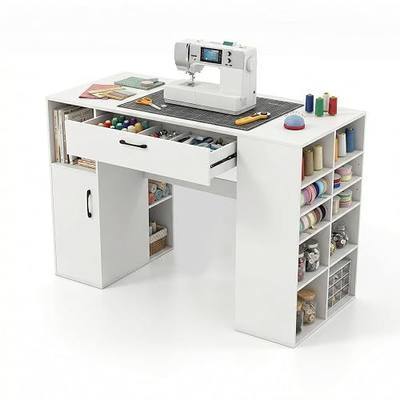 HAPPYGRILL Sewing Machine Table, Craft Table with Storage Cubes, Drawer, Cabinet, Adjustable Shelves, Counter Height Drafting Writing Sewing Station Desk for Home Office