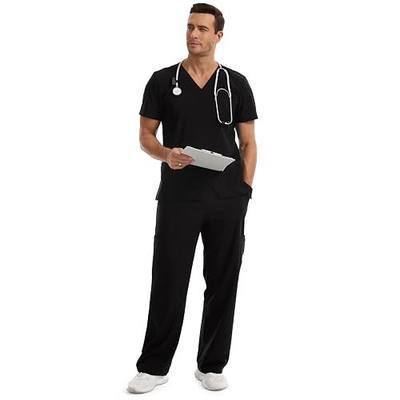 Scrubs for Men Set, V-Neck Scrub Top and Straight Leg Pants with 9 Pockets & 4-Way Stretch Fabric